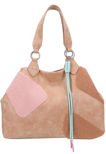 Fritzi Izzy Medium Limited Happy Flocked Shopper torebka damska ze sztucznej skóry, festiwal, miasto, wegańskie detale flokowe, zawieszka ze sznurkiem, 29 x 42 x 15 cm, brązowa, różowa – zielona