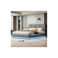 Łóżka dla dzieci i młodzieży - Łóżko tapicerowane 180x200 cm z oświetleniem LED i stelażem listwowym, łóżko podwójne, łóżko dziecięce, ekoskóra, kolor jasnoszary - miniaturka - grafika 1