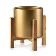 Donice - Doniczka Ceramiczna Złota Na Drewnianym Stojaku Ava - miniaturka - grafika 1