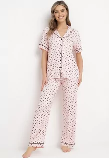 Piżamy damskie - Różowy Komplet Piżamowy w Print z Wiskozy Spodnie z Gumką w Talii i Koszulowa Góra Adispro - grafika 1