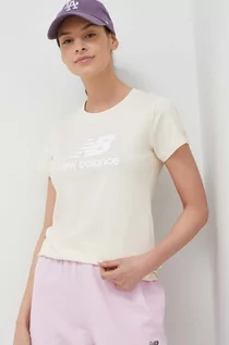 Koszulki sportowe damskie - New Balance t-shirt bawełniany kolor beżowy - grafika 1