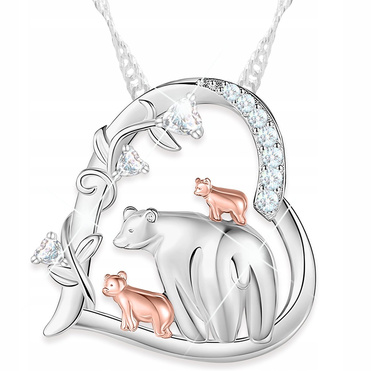 Naszyjnik Srebrny Serce Niedźwiedź Rodzina Heart z Niedźwiedziem SREBRO 925