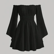 Sukienki - TEMU Modna Elegancka Sukienka Damska z Jednym Ramieniem, Długim Rękawem i Plisowanymi Rozkloszonymi Rękawkami w Unikalnym Jednokolorowym Wzorze - miniaturka - grafika 1