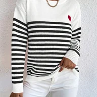Swetry damskie - TEMU Sweter damski w eleganckie paski z czerwonym serduszkiem - czarno-biały pulower z okrągłym dekoltem, uniwersalny top na każdy sezon do stylu - miniaturka - grafika 1