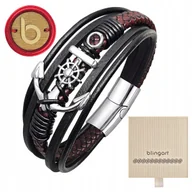 Bransolety męskie - Bransoletka męska skórzana stal chirurgiczna czarna z kotwicą BLINGART - miniaturka - grafika 1