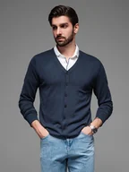 Swetry męskie - Dzianinowy monochromatyczny męski kardigan z wiskozą granatowy V1 OM-SWCD-0126 - Ombre Clothing - miniaturka - grafika 1