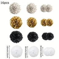 Inne - Black Golden Tissue Pom Pom Paper Flower Set of 16, Birthday Graduation Bachelorette Wedding Bridal Party Decoration - miniaturka - grafika 1
