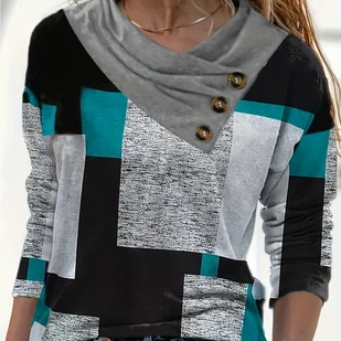 TEMU Kobieca Elegancka Koszulka z Długim Rękawem w Geometryczny Wzór i Dekoltem V - Luźna Bluzka na Przełomowe Pory Roku, Czarne/Białe/Turkusowe - Bluzki damskie - miniaturka - grafika 1