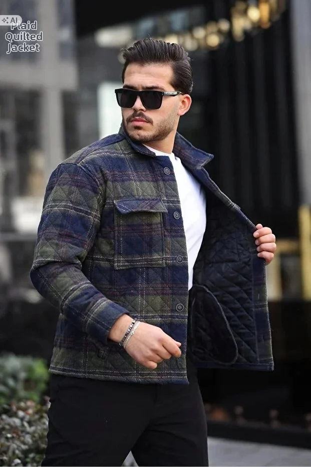 PIKOWANA KURTKA MĘSKA KRATKA W STYLU CASUAL NIEBIESKA M 5IA