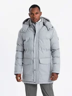 Kurtki męskie - Ciepła długa męska kurtka typu parka z wełną jasnoszary melanż V3 OM-JALJ-0217 XL - miniaturka - grafika 1