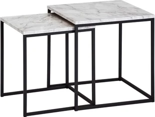 WOHNLING Design stolik boczny zestaw 2 sztuk marmurowy wygląd biały, Stolik kawowy 2 sztuki rama stołu czarny, Małe stoliki do salonu, Nowoczesne stoliki kawowe - Ławy i stoliki kawowe - miniaturka - grafika 1