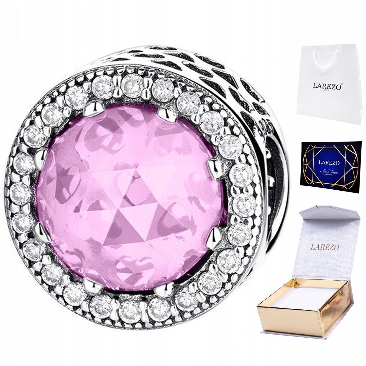 CHARMS SREBRNY Różowy Kryształ Koralik Kamień z Cyrkoniami Lśniące Cyrkonie