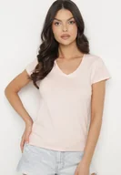 Koszulki i topy damskie - Różowy T-shirt z Bawełny z Dekoltem w Serek Liniviela - miniaturka - grafika 1