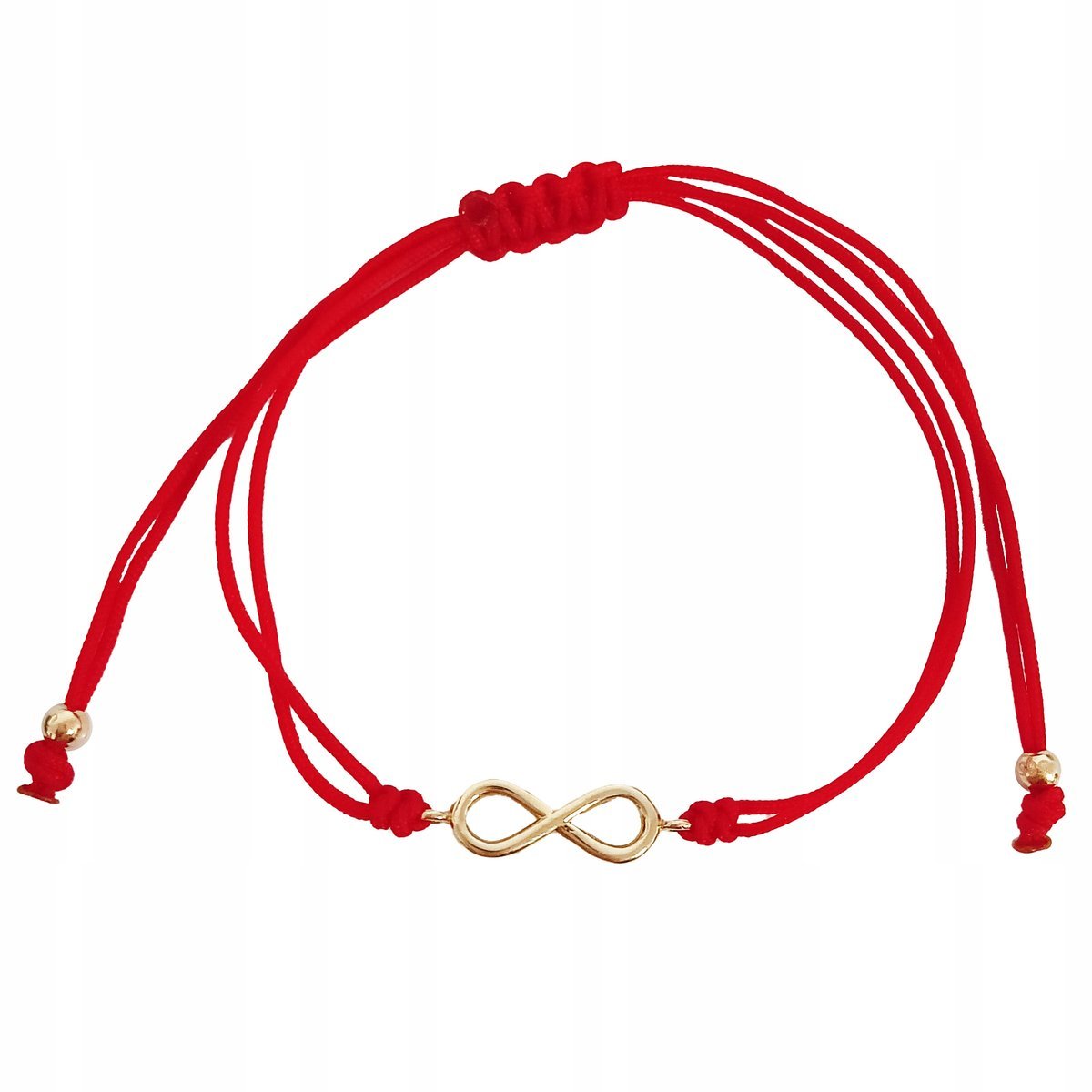 Złota bransoletka 585 z nieskończonością i kuleczkami na czerwonym sznurku