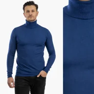 Swetry męskie - Sweter Męski Golf Elegancki Wiskoza Dopasowany Ciemny Niebieski M Niebieski - miniaturka - grafika 1