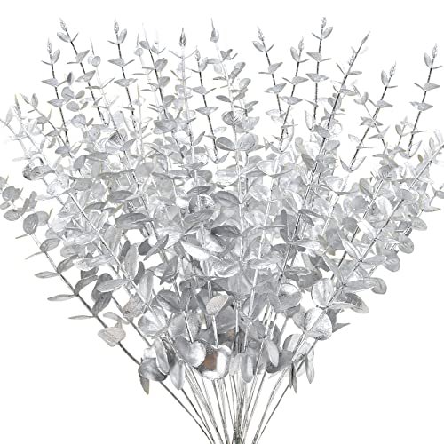 FEQO Srebrne łodygi eukaliptusa, sztuczne liście eukaliptusa, dekoracja, gałęzie eukaliptusa, sztuczny eukaliptus ze sztucznymi liśćmi, 38 cm, sztuczny eukaliptus, łodyga do wazonu, bukietu ślubnego,