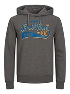 Bluzy męskie - Bestseller A/S Męska bluza z kapturem JJELOGO Sweat Hood 2 COL 23/24 NOOS PLS, ciemnoszara melanż, 6XL, ciemnoszary melanż - miniaturka - grafika 1