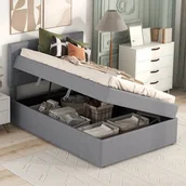 Meble do sypialni - Łóżko z materacem na stelażu - 90x200 cm - tkanina lniana - Szary - miniaturka - grafika 1