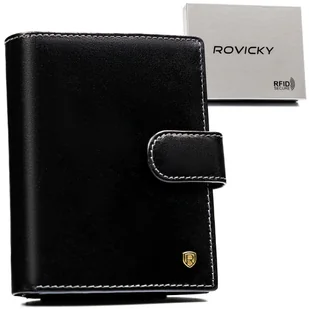 Pionowy czarny portfel męski ROVICKY duży skórzany na zatrzask rozbudowany na karty elegancki na prezent ochrona RFID - Portfele - miniaturka - grafika 1
