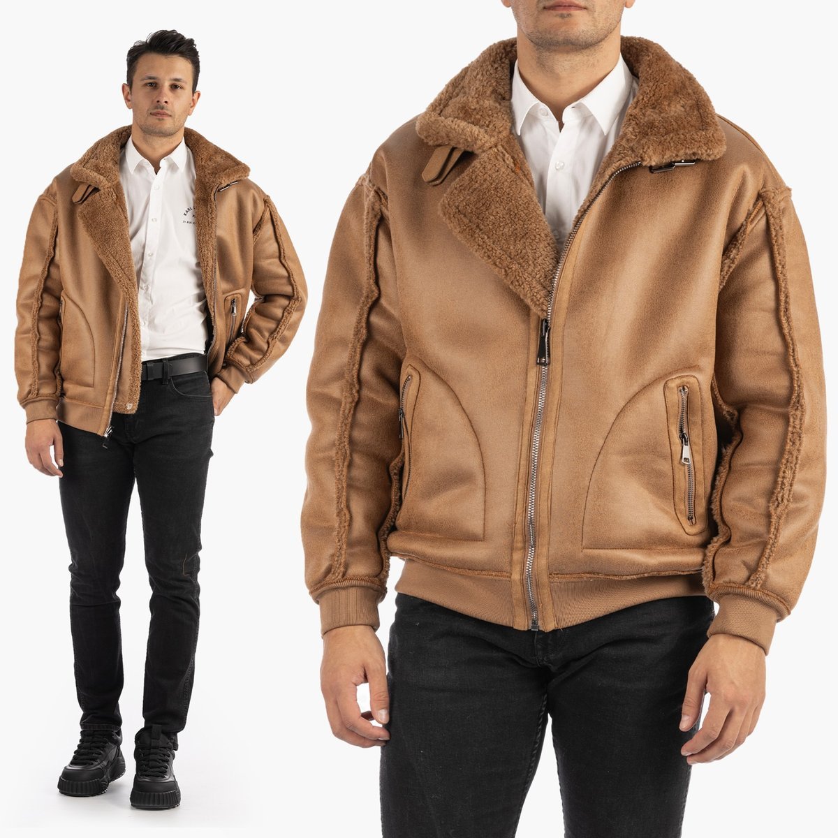 Kurtka Męska Zimowa Ekoskóra Pilotka Z Kołnierzem Brązowa Just Rebel 88569-12 XL Brązowy