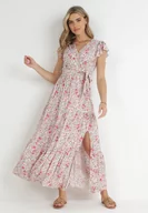 Sukienki - Beżowo-Czerwona Sukienka Rhenosyne - miniaturka - grafika 1