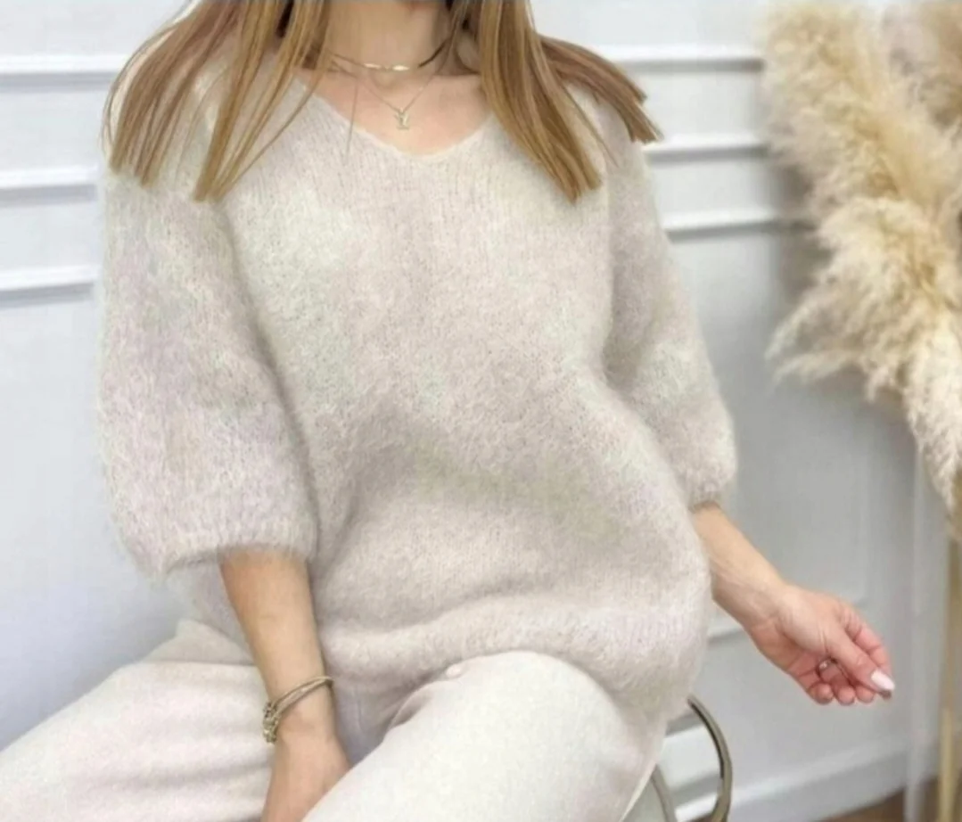 Premium ! Sweter krótki rękaw w serek ! 81 % kid moher