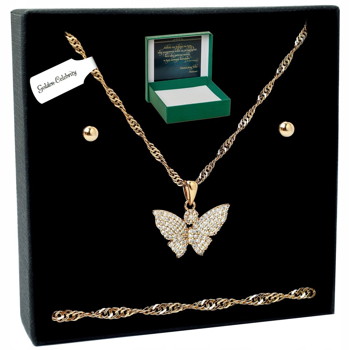 Złoty Komplet Biżuterii Stal Chirurgiczna Motyl Z Cyrkoniami+Kolczyki 50 Cm