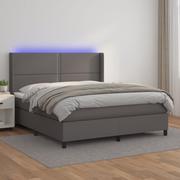 Łóżka - Lumarko Łóżko kontynentalne z materacem i LED, szara ekoskóra 160x200cm - miniaturka - grafika 1
