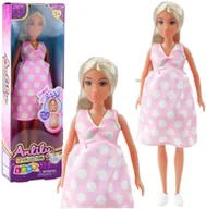 Lalki dla dziewczynek - Lalka Anlily W Ciąży Jasno Różowa W Kropki Sukienka Długie Włosy LEAN Toys - miniaturka - grafika 1