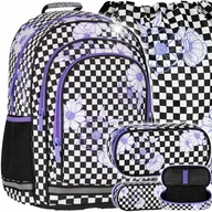 Plecaki szkolne i tornistry - ZESTAW PLECAK SZKOLNY DLA DZIEWCZYNKI SZACHOWNICA W KWIATY PIÓRNIK WOREK - miniaturka - grafika 1