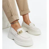 Mokasyny damskie - Jasnobeżowe skórzane półbuty Mokasyny Karino beżowy - miniaturka - grafika 1