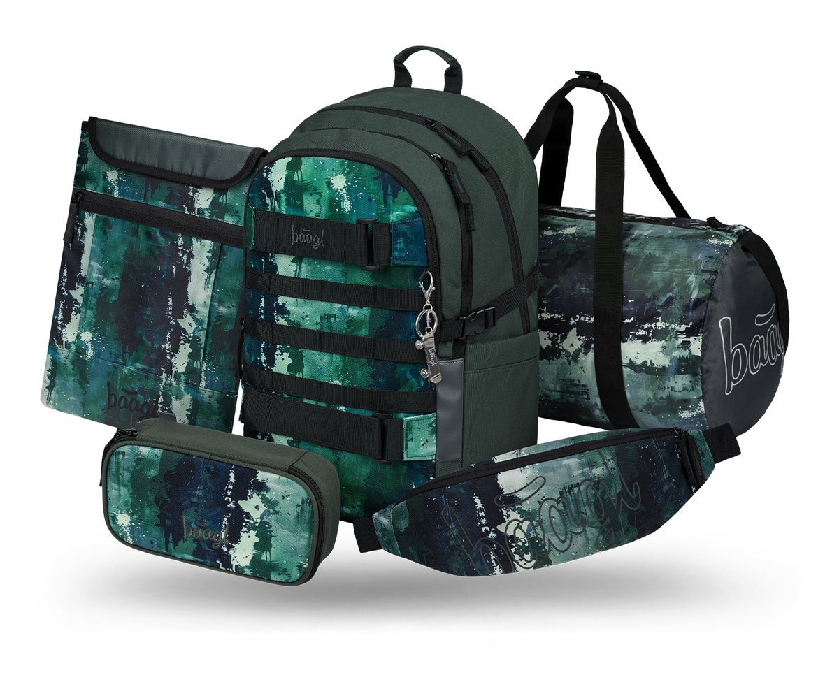 Zestaw Szkolny 5w1 BAAGL Plecak szkolny Skate Forest Ergonomiczny 25L 29x43x20 cm Zielony dla chłopca + Piórnik, Torba sportowa, Nerka, Etui na lapt..