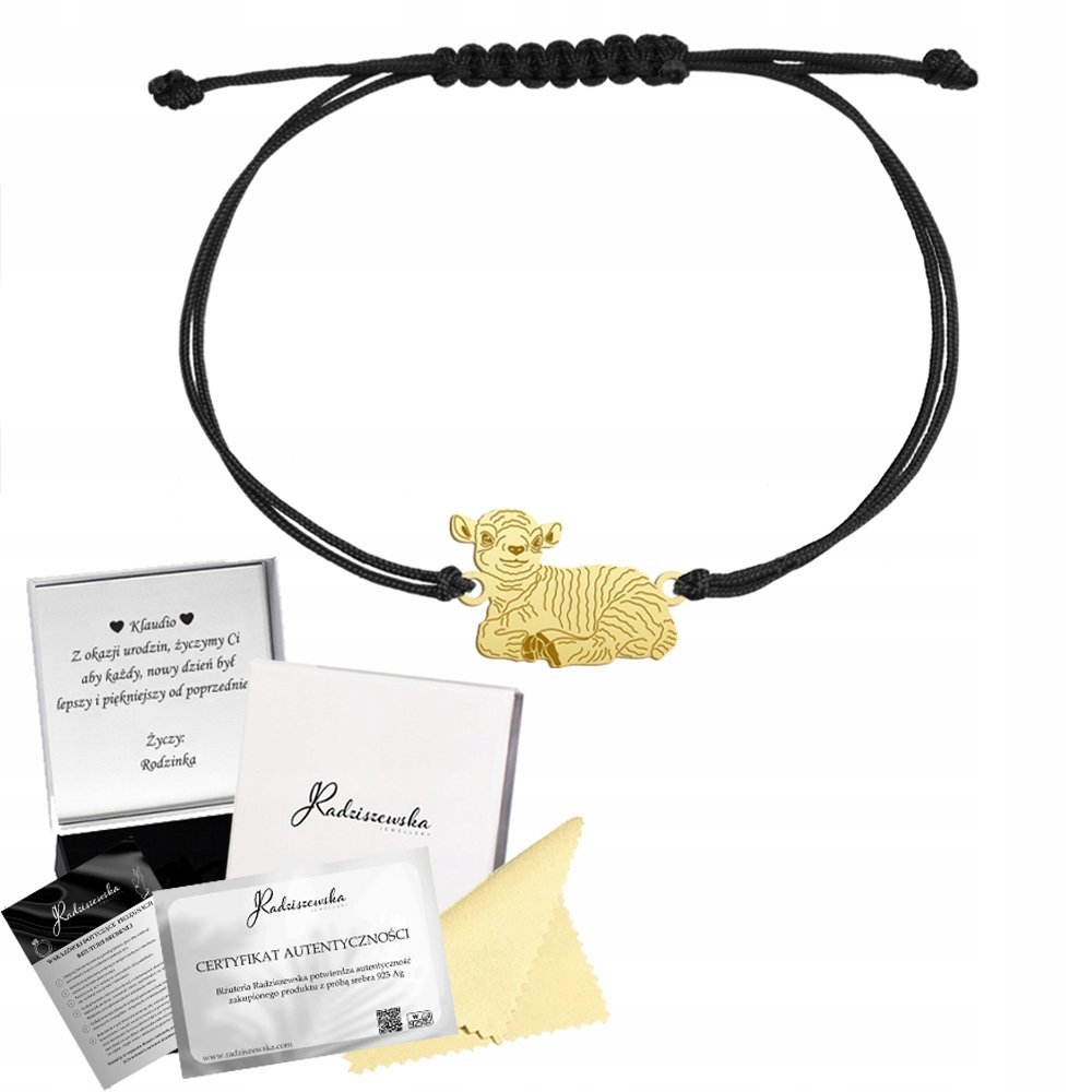 Bransoletka Złota Baranek Wielkanocny SREBRO 925 Sznurek Prezent ŻYCZENIA