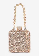 Torebki damskie - Szampańska Biżuteryjna Torebka Wieczorowa Vices z Rączką i Łańcuszkiem na Ramię Fesavera - miniaturka - grafika 1