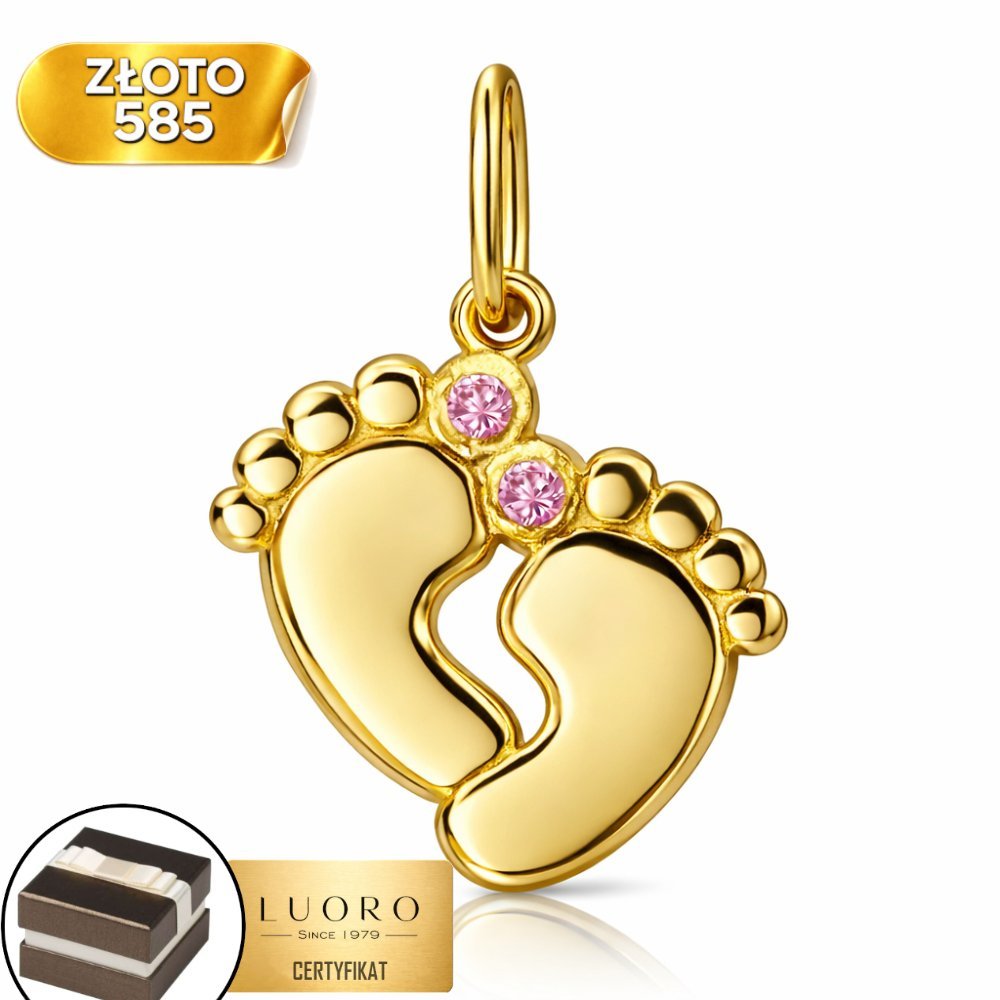 ZAWIESZKA ZŁOTA 585 14K STÓPKI Z RÓŻOWYMI CYRKONIAMI 22 MM ELEGANCKA