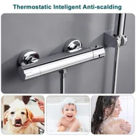 Baterie podtynkowe - LOVHAUS Bateria Prysznicowa z Termostatem, 38°C Bateria Natynkowa z Przyciskiem Bezpieczeństwa, Okrągły Termostat Prysznicowy, Chromowana - miniaturka - grafika 1