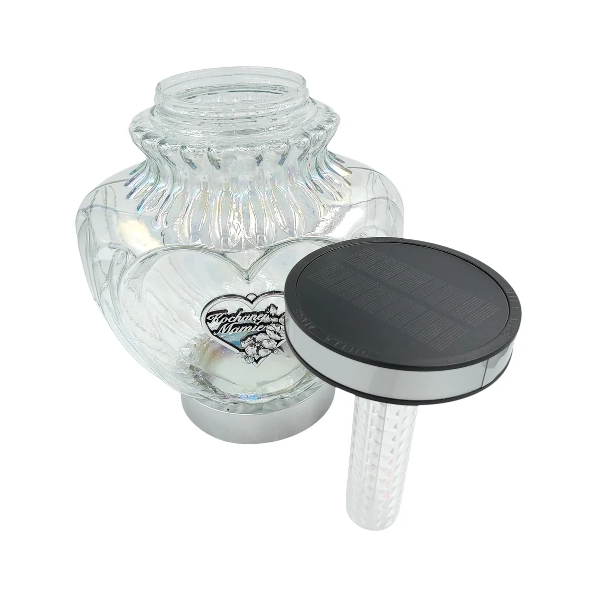 Znicz solarny szklany - serce - srebrny - dla Mamy - 26 cm