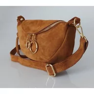 Torebki damskie - Włoska zamszowa listonoszka, nerka Vera Pelle złote okucia kółka Camel LN633C - miniaturka - grafika 1