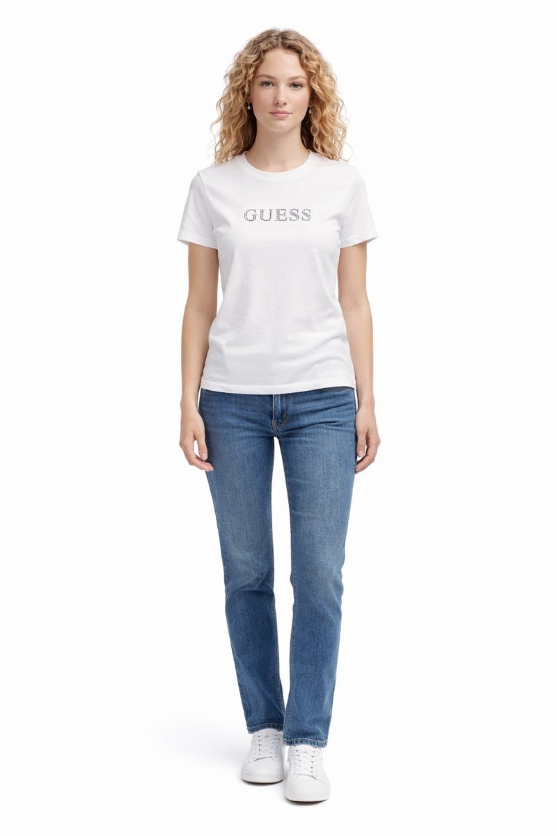 GUESS T-SHIRT DAMSKI BIAŁY Z CEKINOWYM LOGO S 1I4A