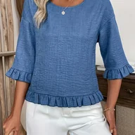 Koszule damskie - TEMU Damska casualowa koszula na wakacje z dekoltem na ramię, okrągłym dekoltem, plisowanymi mankietami i dołem - miniaturka - grafika 1