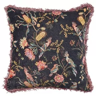 Poduszki dekoracyjne - Lumarko Poduszka dekoracyjna welurowa w kwiaty z frędzlami 45 x 45 cm czarno-różowa MORUS - miniaturka - grafika 1