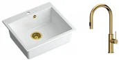 Zlewozmywaki z baterią - Quadron Zlewozmywak granitowy jednokomorowy 57*50*22 cm MORGAN 110 SNOW WHITE ze złotym odpływem z baterią JENNIFER Q LINE SLIM z wyciąganą wylewką i funkcją prysznica kolor złoty - miniaturka - grafika 1