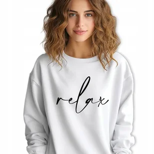 Biała Bluza Damska Dresowa RELAX Stylowa Modna Wzory Rozmiar M - Bluzy damskie - miniaturka - grafika 1