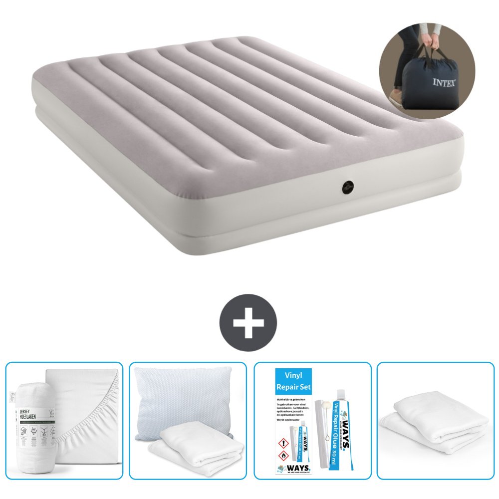 Łóżko powietrzne Intex - 2 osoby - 152 x 203 x 30 cm - Szare - Z pompką - Prześcieradło - Całowanie - Zestaw naprawczy en Ochraniacz na poduszkę