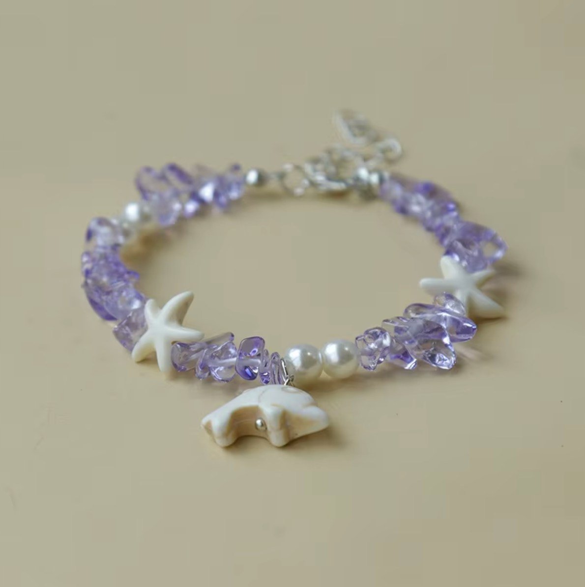 Fioletowa Bransoletka Perła Muszle Kamienie Ręcznie Robiona Summer Shells