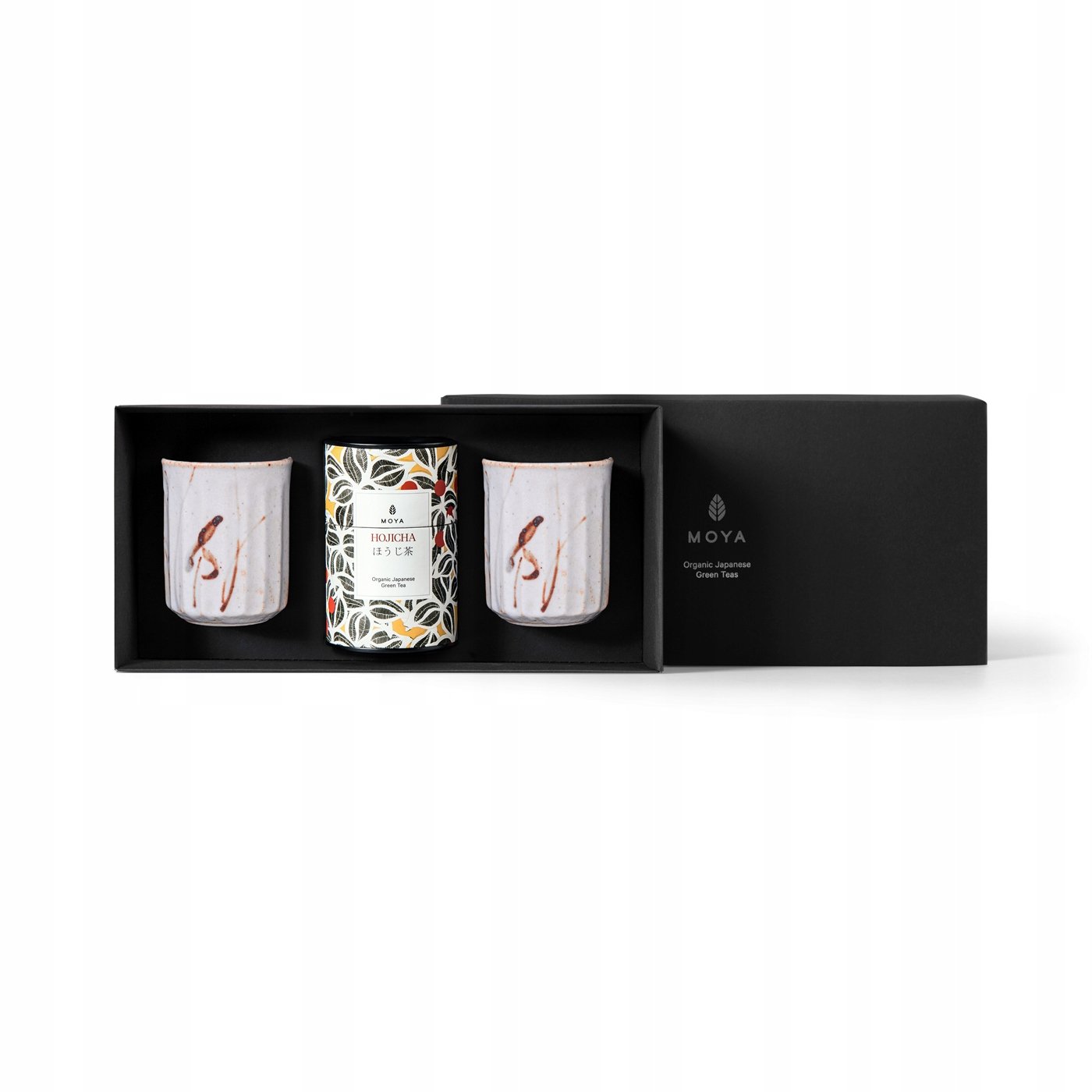 Zestaw prezentowy organiczna zielona herbata Moya Hojicha i 2 kubki Sato