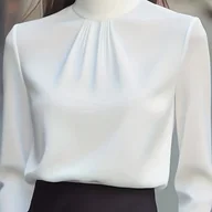 Koszule damskie - TEMU Boothe Elegancka Bluzka Damska z Wysokim Kołnierzem i Plisowaniem - Długi Rękaw, Biurowa Koszula, Jednokolorowa Marynarka do Stroju - miniaturka - grafika 1