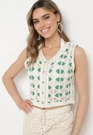 Kamizelki damskie - Miętowo-Beżowa Szydełkowa Kamizelka z Bawełny Zapinana na Guziki Galeda - miniaturka - grafika 1