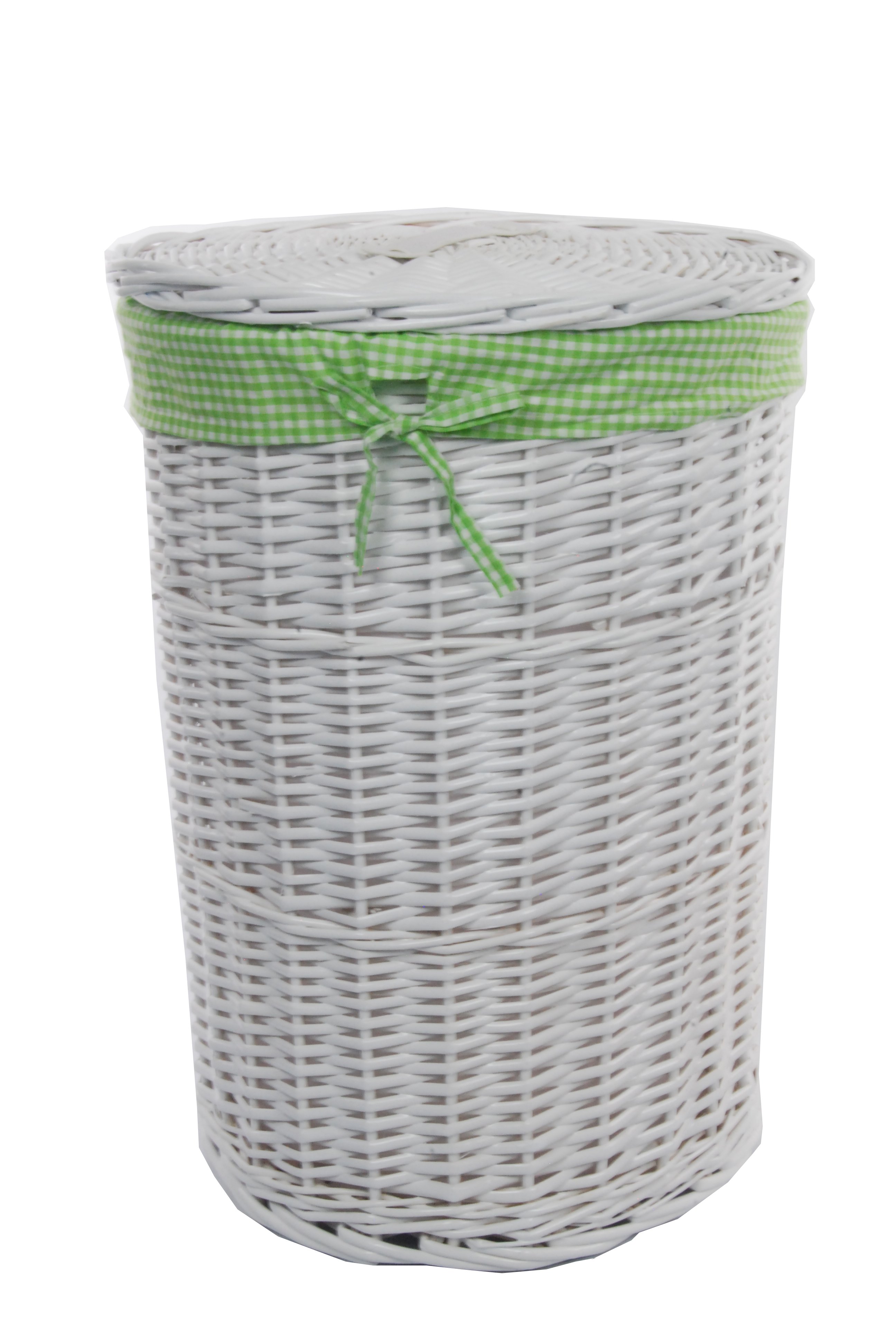 Kosz na pranie Kosz na pranie Skrzynia na pranie Wiklinowa okrągła biała pokrywa Worek na pranie Zielony wzór w kratkę D.32cm H.48cm
