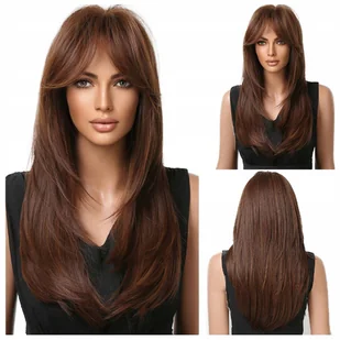 Peruka długa brąz prosta grzywka - Ozdoby do włosów - miniaturka - grafika 1